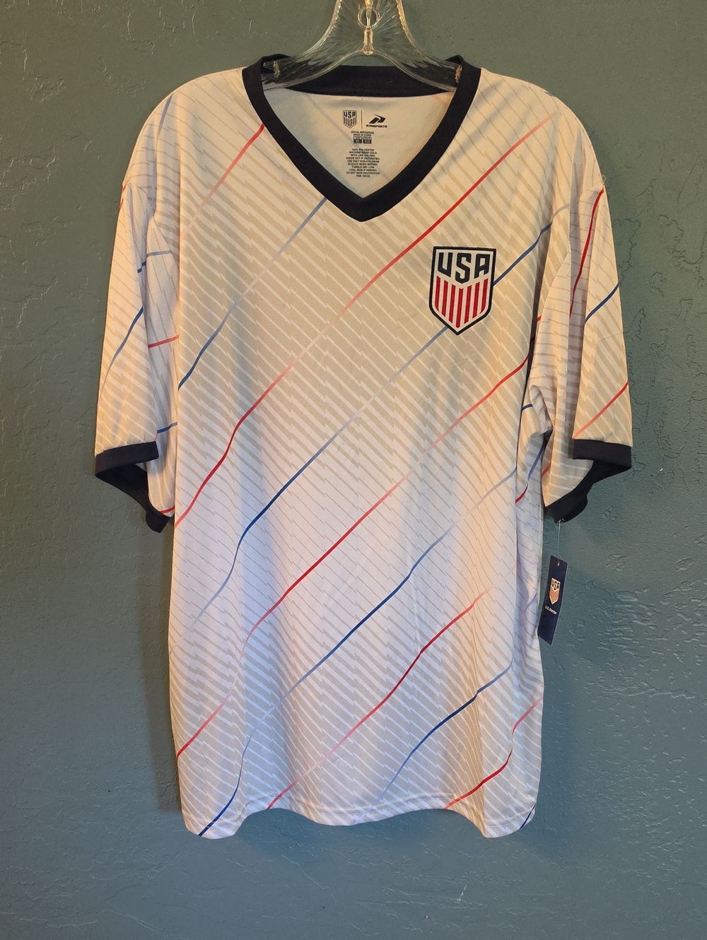 ICON Men’s White Soccer Jersey with Red & Blue Diagonal Stripes